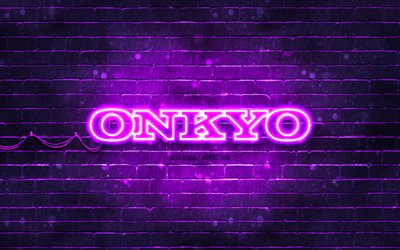 onkyo violett logotyp, 4k, violett tegelv&#228;gg, onkyo logotyp, m&#228;rken, onkyo neonlogotyp, onkyo