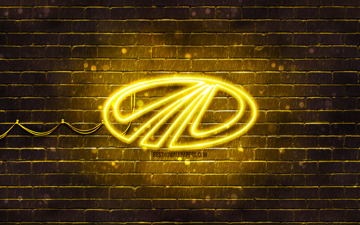 logotipo amarelo mahindra, 4k, parede de tijolos amarelos, logotipo mahindra, marcas, logotipo mahindra neon, mahindra