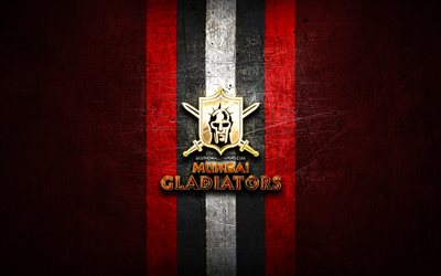 gladiadores de mumbai, logotipo dourado, elite football league, fundo de metal vermelho, time de futebol indiano, logotipo do mumbai gladiators, futebol americano