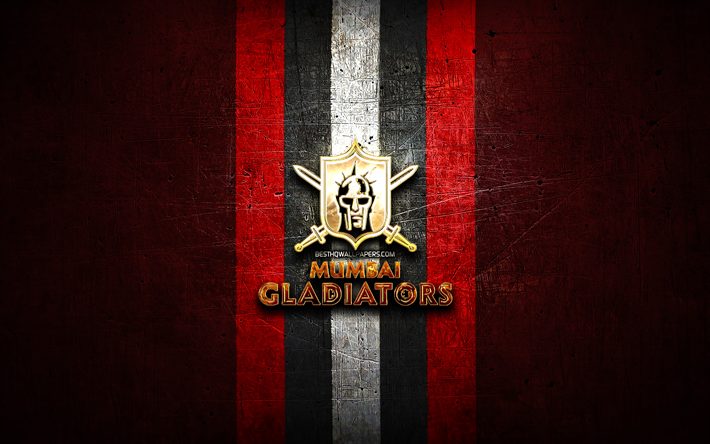mumbai gladiators, gyllene logotyp, elite football league, r&#246;d metall bakgrund, indisk fotbollslag, mumbai gladiators logotyp, amerikansk fotboll