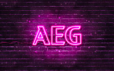 AEG purple logo, 4k, purple brickwall, AEG logo, brands, AEG neon logo, AEG