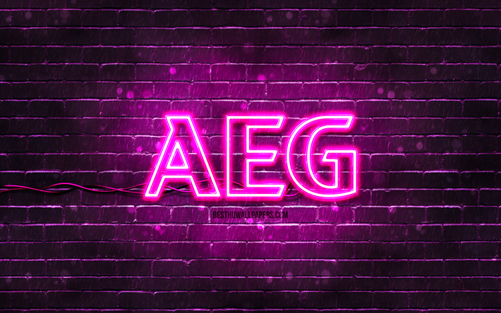 aegパープルロゴ, 4k, 紫のレンガ壁, aeg ロゴ, ブランド, aegネオンロゴ, 時間