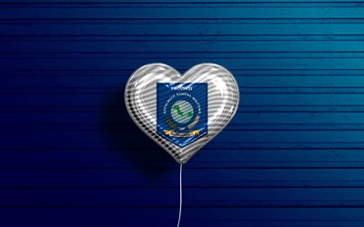 I Love Bangka Belitung Islands, 4k, realistic balloons, blue wooden background, Day of Bangka Belitung Islands, indonesian provinces, flag of Bangka Belitung Islands, Indonesia, balloon with flag, Provinces of Indonesia, Bangka Belitung Islands flag