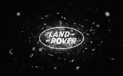 Land Rover white logo, 4k, white neon lights, creative, black abstract background, Land Rover logo, cars brands, Land Rover