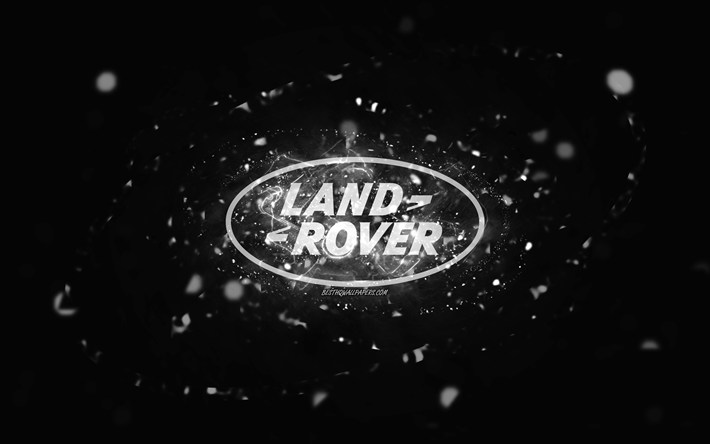 land rover valkoinen logo, 4k, valkoiset neonvalot, luova, musta abstrakti tausta, land rover -logo, automerkit, land rover