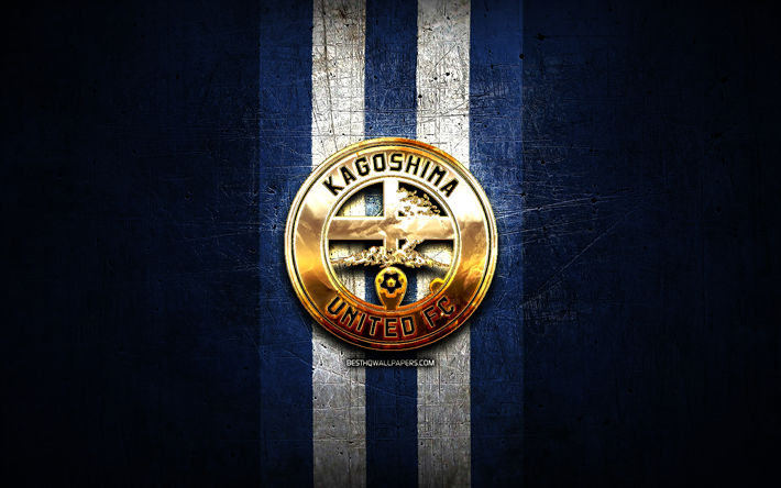 kagoshima united fc, logo dorato, j3 league, sfondo blu metallo, calcio, squadra di calcio giapponese, logo kagoshima united, kagoshima united