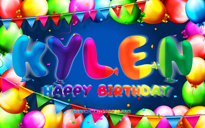 buon compleanno kylen, 4k, cornice a palloncino colorata, nome kylen, sfondo blu, kylen buon compleanno, kylen compleanno, nomi maschili americani popolari, concetto di compleanno, kylen