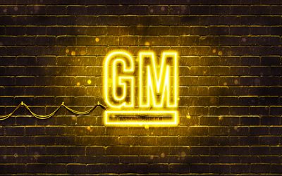 General Motors yellow logo, 4k, yellow brickwall, General Motors logo, cars brands, General Motors neon logo, General Motors