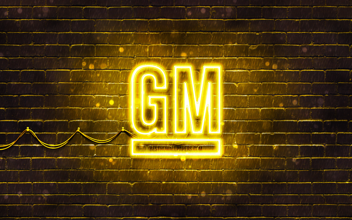 logo jaune general motors, 4k, mur de briques jaune, logo general motors, marques de voitures, logo n&#233;on general motors, general motors