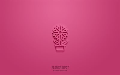 blomma i kruka 3d ikon, rosa bakgrund, 3d-symboler, blomma i kruka, blommor ikoner, 3d ikoner, blomma i kruka tecken, blommor 3d ikoner