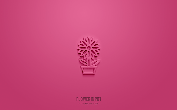 fiore in vaso icona 3d, sfondo rosa, simboli 3d, fiore in vaso, icone fiori, icone 3d, segno fiore in vaso, fiori icone 3d