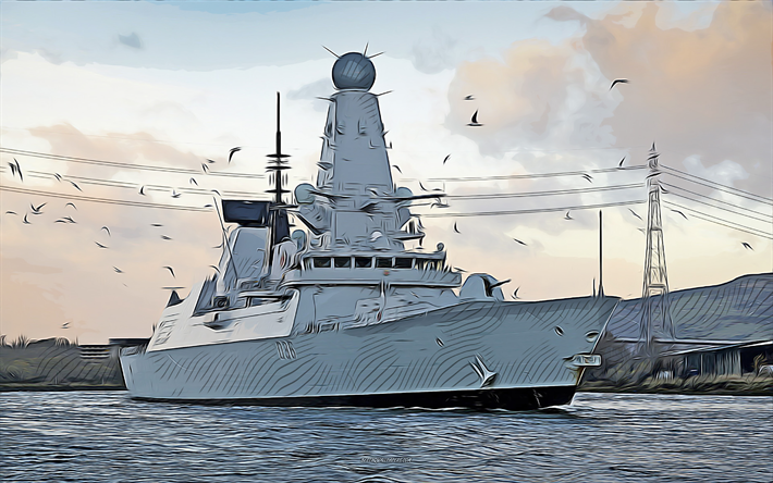 HMS Defender, D36, 4k, vector art, HMS Defender drawing, creative art, HMS Defender art, vector drawing, abstract ships, HMS Defender D36, Royal Navy