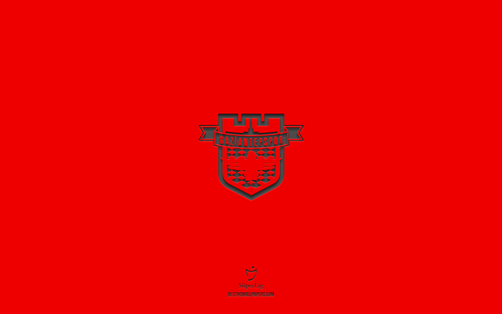 gaziantep, sfondo rosso, squadra di calcio turca, emblema gaziantep, super lig, turchia, calcio, logo gaziantep
