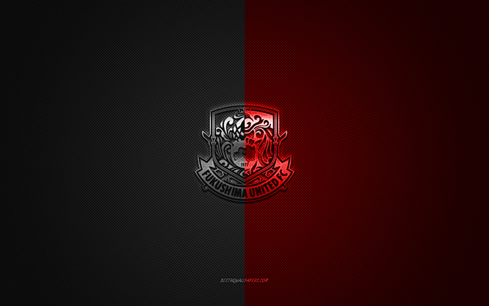 fukushima united fc, squadra di calcio giapponese, logo rosso nero, sfondo rosso nero in fibra di carbonio, j3 league, calcio, fukushima, giappone, fukushima united fc logo