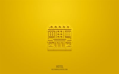 hotel 3d icon, fondo amarillo, 3d symbols, hotel, iconos de turismo, 3d icons, hotel sign, turismo 3d icons