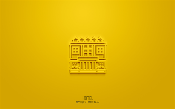 hotell 3d ikon, gul bakgrund, 3d-symboler, hotell, turism ikoner, 3d ikoner, hotellskylt, turism 3d ikoner