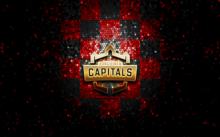 Bratislava Capitals, glitter logo, ICE Hockey League, red black checkered background, hockey, austrian hockey team, Bratislava Capitals logo, mosaic art