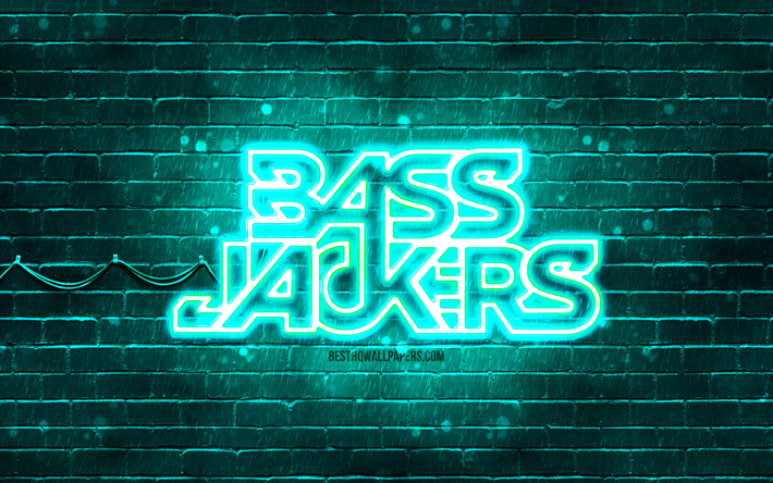 bassjackers turkuaz logo, 4k, s&#252;perstarlar, hollanda dj&#39;leri, turkuaz tuğla duvar, bassjackers logosu, marlon flohr, ralph van hilst, bassjackers, m&#252;zik yıldızları, bassjackers neon logosu