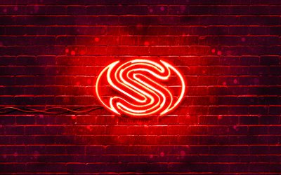 logotipo vermelho safira, 4k, parede de tijolos vermelhos, logotipo da safira, marcas, logotipo neon safira, safira