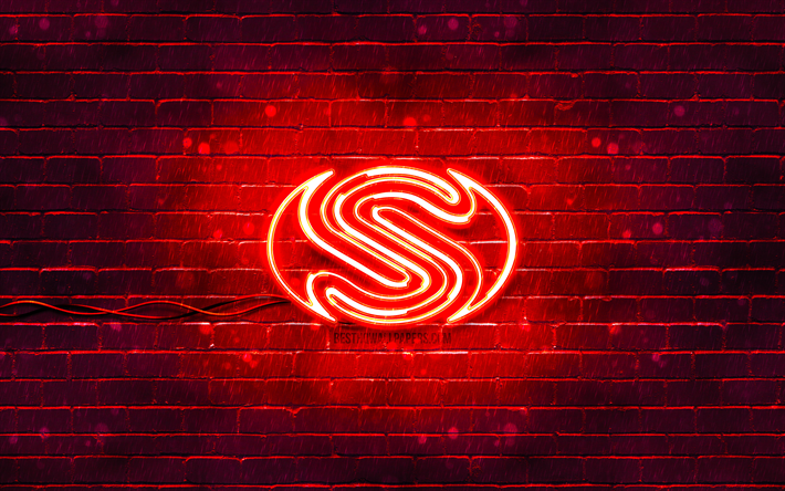 logotipo vermelho safira, 4k, parede de tijolos vermelhos, logotipo da safira, marcas, logotipo neon safira, safira