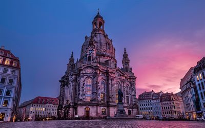 4k, Dresden, Frauenkirche, evening, Neumarkt, sunset, Martin Luther Monument, Dresden landmark, Dresden cityscape, Germany