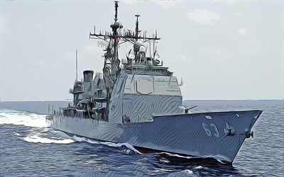 USS Cowpens, 4k, vector art, CG-63, guided-missile cruisers, United States Navy, US army, abstract ships, battleship, US Navy, Ticonderoga-class, USS Cowpens CG-63