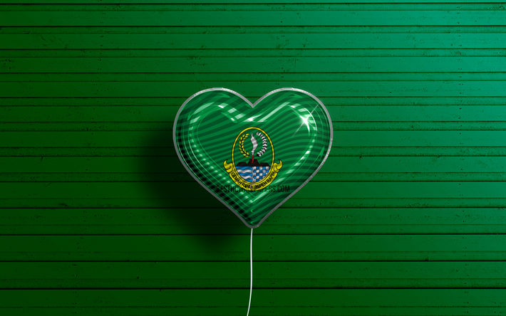 アイ ラブ ウエスト ジャワ, 4k, 現実的な風船, 緑の木製の背景, 西ジャワの日, インドネシアの州, 西ジャワ州の旗, インドネシア語, 旗付きバルーン, インドネシアの行政区, 西ジャワフラグ, 西ジャワ州