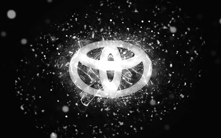 Toyota white logo, 4k, white neon lights, creative, black abstract background, Toyota logo, cars brands, Toyota