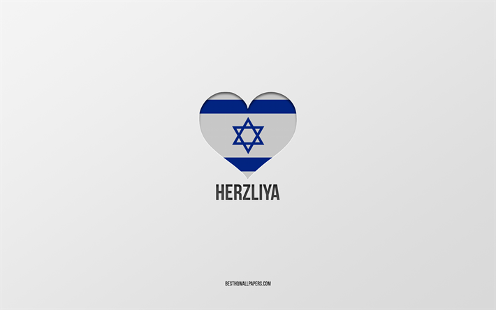 i love herzliya, citt&#224; israeliane, giorno di herzliya, sfondo grigio, herzliya, israele, cuore di bandiera israeliana, citt&#224; preferite, love herzliya