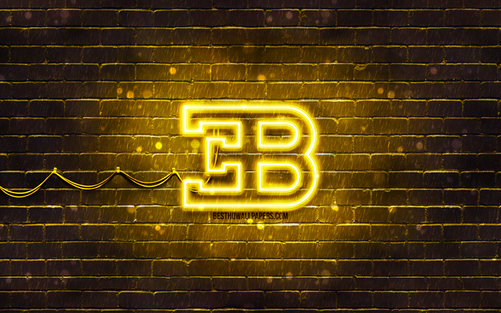 ブガッティイエローロゴ, 4k, 黄色のレンガ壁, ブガッティのロゴ, 車のブランド, ブガッティ ネオンロゴ, ブガッティ