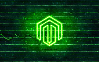 Magento green logo, 4k, green brickwall, Magento logo, brands, Magento neon logo, Magento