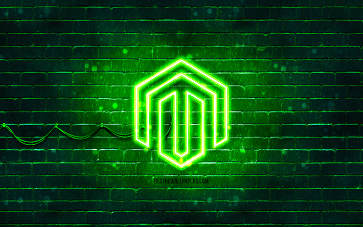 logotipo verde de magento, 4k, pared de ladrillo verde, logotipo de magento, marcas, logotipo de ne&#243;n de magento, magento