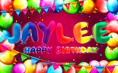 buon compleanno jaylee, 4k, cornice a palloncino colorata, nome jaylee, sfondo viola, jaylee happy birthday, jaylee birthday, nomi femminili americani popolari, concetto di compleanno, jaylee