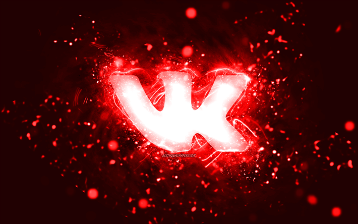 logo rouge vkontakte, 4k, n&#233;ons rouges, cr&#233;atif, fond abstrait rouge, logo vkontakte, r&#233;seau social, vkontakte