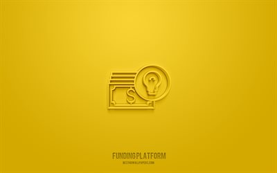 icona 3d della piattaforma di finanziamento, sfondo giallo, simboli 3d, piattaforma di finanziamento, icone aziendali, icone 3d, segno della piattaforma di finanziamento, icone 3d aziendali