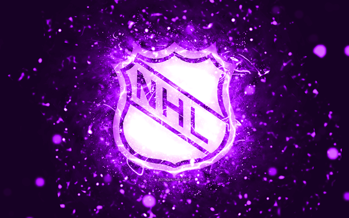 Logotipo violeta NHL, 4k, luzes neon violeta, Liga Nacional de H&#243;quei, fundo abstrato violeta, logotipo NHL, marcas de carros, NHL