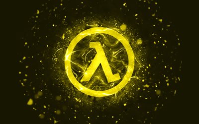half-life gelbes logo, 4k, gelbe neonlichter, kreativ, gelber abstrakter hintergrund, half-life logo, spielelogos, half-life