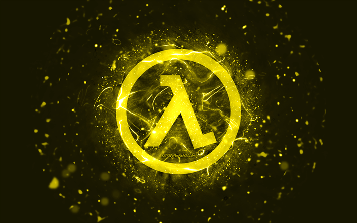half-life sarı logo, 4k, sarı neon ışıklar, yaratıcı, sarı soyut arka plan, half-life logosu, oyun logoları, half-life