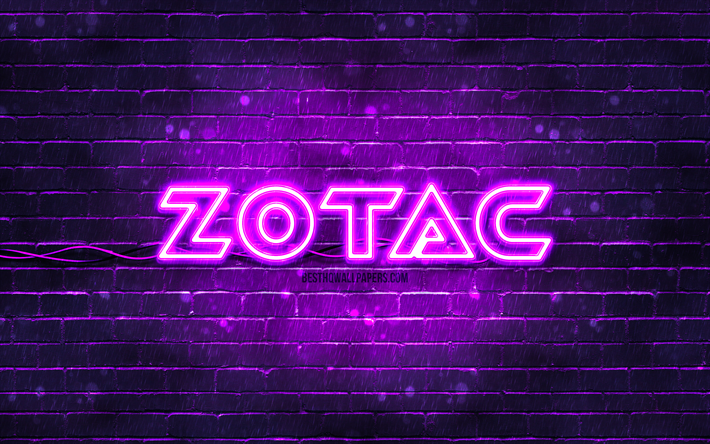 logo violet zotac, 4k, mur de briques violettes, logo zotac, marques, logo n&#233;on zotac, zotac