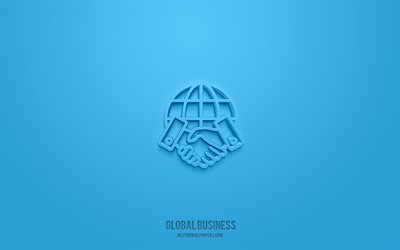 icono 3d de negocios globales, fondo azul, s&#237;mbolos 3d, negocios globales, &#237;conos de negocios, &#237;conos de 3d, letrero de negocios globales, &#237;conos de negocios 3d