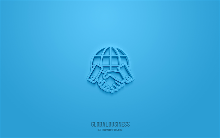 Global business 3d icon, blue background, 3d symbols, Global business, business icons, 3d icons, Global business sign, business 3d icons