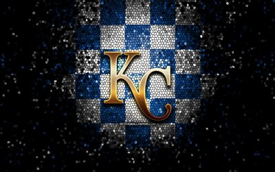 kansas city royals emblema, logotipo de glitter, mlb, fundo azul branco quadriculado, time de beisebol americano, major league baseball, kc royals, mosaico art, beisebol, kansas city royals