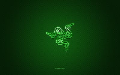 logotipo razer, emblema met&#225;lico, textura de carbono verde, razer, marcas, fundo verde, emblema razer