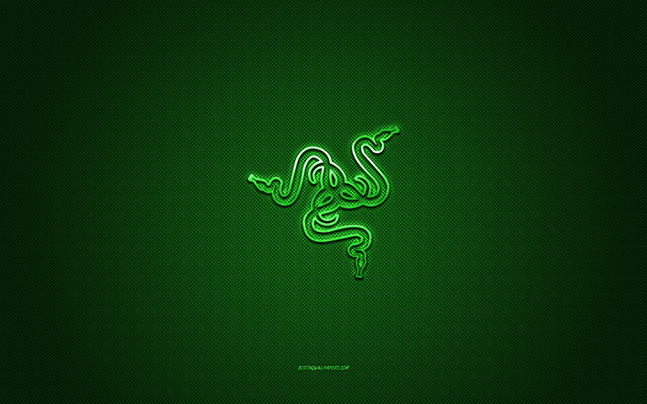 Razer logo, metal emblem, green carbon texture, Razer, brands, green background, Razer emblem