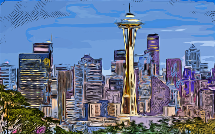 シアトル, ワシントン, 4k, スペースニードル, ベクターアート, シアトルのドローイング, クリエイティブアート, シアトルアート, ベクトル描画, 抽象的な都市景観, シアトルの街並み, 米国