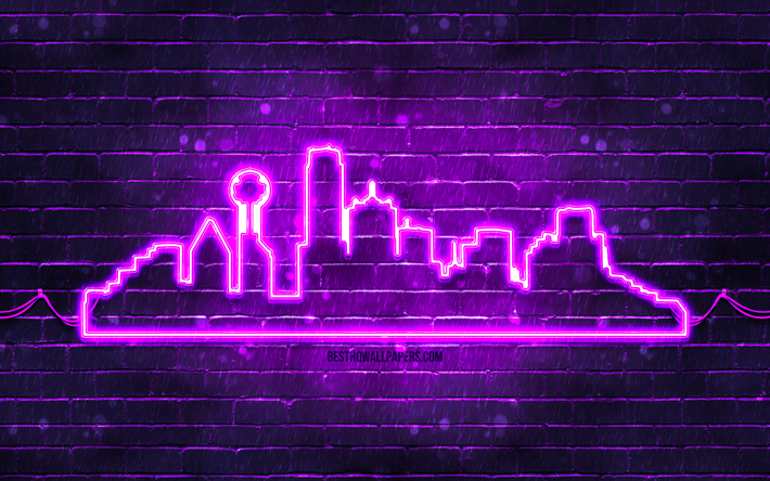 dallas violeta neon silhueta, 4k, luzes de neon violeta, silhueta do horizonte de dallas, parede de tijolos violeta, cidades americanas, silhuetas de horizonte neon, eua, silhueta dallas, dallas