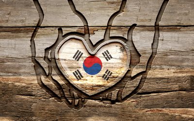 adoro la corea del sud, 4k, mani intagliate in legno, giorno della corea del sud, bandiera della corea del sud, prenditi cura della corea del sud, creativo, bandiera della corea del sud in mano, scultura in legno, paesi asiatici, corea del sud