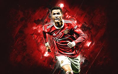 Cristiano Ronaldo, Manchester United FC, CR7, grunge art, portrait, red stone background, football, Premier League, England, Ronaldo Manchester