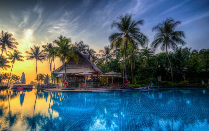 bungalow, meer, pool, palmen, urlaubsort, sommer, hdr