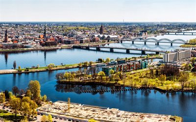 Riga, sommar, river, Lettland, urban panorama